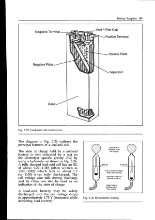 BatterySupplies 145
Negative
Terminal
Positive
Terminal
Positive
Plate
Negative
Plate
Separator
Fig. 5.25 Lead-acidcell construction.
The diagram in Fig. 5.25 outlines the
principal features of a lead-acidcell.
The state of charge held by a lead-acid
battery is best indicated by a test on
the el-ectrolyte specific gravity (SG) by
using a hydrometer
as shown in Fig. 5.26.
A fully chargedlead-acidcell has an SG
of about 1..27-1..285
(often written as
'1.270-1285)
which falls to about 1.1
(or 1100) when fully discharged. The
cell voltage also falls during discharge
and its value can also be used as an
indication of the state of charge.
A lead-acid battery may be safely
discharged until the cell voltage drops
to approximately 1,.73
V (measuredwhile
delivering load current).
float in dilute acid liquid
within glass syringe
high float = high SG
low float = low SG
rubber
tubeto
withdraw
liquid
frombattery
Fig. 5.26 Hydrometer testing.
 