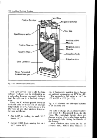 1,46 Ancillarv Electrical Services
Positive
Terminal
Negative
Terminal
Filler
Cap
GasRelease
Valve
Positive
Plate
Negative
Plate
Positive
Active
Material
Negative
Active
Material
Insulating
Rods
EdgeInsulator
Steel
Container
Finely
Perforated
Pocket
Envelopes
Fig. 5.27 Alkaline cell construction.
The open-circuit (no-load) battery
voltage readings can be misleading as
a high value doesnot necessarilyindicate
that the cells are in a healthy charged
state.
Note, the SG values quoted above for
lead-acid cells are based on an ambient
temperature of 15'C. Correctionsto the
SG value at any other ambient tempera-
ture are as follows:
o Add 0.007 to reading for each 10oC
above15'C
o Subtract0.007 from reading for each
10"C below 15"C.
e.g. a hydrometer reading taken during
an ambient temperature of 25"C is'1,.27.
The equivalent SG value at LSoC is
1,.27
+ 0.007: 1..277
(or 1277)
Fig. 5.27 outlines the principal features
of an alkaline cell.
The state of charge of an alkalinebattery
cell cannof be determined from its SG
value. The electrolyte density does not
change during chirge/dischirge cycles
but gradually falls during the lifetime of
the battery.
New alkaline cells have an SG of
around 1190. When this reduces to
 