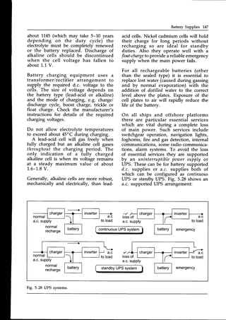Battery Supplies 147
about 1145(which may take 5-10 years
depending on the duty cycle) the
electrolyte must be completely renewed
or the battery replaced. Discharge of
alkaline cells should be discontinued
when the cell voltage has fallen to
about 1.1 V.
Battery charging equipment uses a
transformer/rectifier arrangement to
supply the required d.c. voltage to the
cells. The size of voltage depends on
the battery type (lead-acid or alkaline)
and the mode of charging,e.g.charge/
discharge cycle, boost charge, trickle or
float charge. Check the manufacturer's
instructions for details of the required
charging voltages.
Do not allow electrolyte temperatures
to exceedabout 45'C during charging.
A lead-acid cell will gas freely when
fully charged but an alkaline cell gases
throughouf the charging period. The
only indication of a fully charged
alkaline cell is when its voltage remains
at a steady maximum value of about
1.6-1.8
V.
Generally, alkaline cells are more robust,
mechanically and electrically, than lead-
acid cells.Nickel cadmium cellswill hold
their charge for long periods without
recharging so are ideal for standby
duties. Also they operate well with a
float-charge
to provide areliableemergency
supply when the main power fails.
For all rechargeable batteries (other
than the sealed type) it is essential to
replacelost water (causedduring gassing
and by normal evaporation) with the
addition of distilled water to the correct
level above the plates. Exposure of the
cell plates to air will rapidly reduce the
life of the battery.
On all ships and offshore platforms
there are particular essential services
which are vital during a complete loss
of main power. Such services include
switchgear operation, navigation lights,
foghorns, fire and gas detection, internal
communications,someradio communica-
tions, alarm systems. To avoid the loss
of essential servicesthey are supported
by an uninterruptiblepower supply or
UPS. Thesecan be for battery supported
d.c. supplies or A.c. supplies both of
which can be configured as continuous
UPS or standbyUPS. Fig. 5.28 shows an
a.c. supported UPS arrangement:
continuous
UPSsystem
standby
UPSsystem
a.c a.c
Fig. 5.28 UPS systems.
 