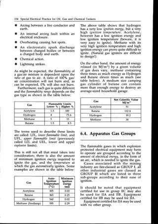 154 Special Electrical Practicefor Oil, Gas and Chemical Tankers
* Arcing between a live conductor and
earth.
* An internal arcing fault within an
electricalenclosure.
* Overheating causing hot spots.
* An electrostatic spark discharge
between charged bodies or between
a chargedbody and earth.
* Chemical action.
* Lightning strikes.
As might be expected,the flammabilityof
a gas/air mixture is dependent upon the
ratio of.gas to air. A ratio of 100o/ogasl
air concentration will not burn and, as
can be expected,0% will also not burn.
Furthermore, eachgasis quite different
and the flammabilityrangedependson the
gas type as shown in the table below:
The above table shows that hydrogen
has a very low ignition enerry, but a very
high ignition temperature.Acetylene,
however has a low ignition energy and
low ignition temperature (beware, it is
very easy to ignite). Methane with its
very high ignition temperature and high
ignition energy canprove quite difficult to
ignite. (Natural gas igniters are di{ficult
to design!)
On the other hand, the amount of energy
released
(in MJ/m3) by a given volume
of gas does vary, methane containing
three times as much energy as Hydrogen
and Butane eleven times as much (see
table below). A medium size camping
gas cylinder of butane can contain
more than enough energy to destroy an
average-sized
household garage.
The terms used to describethese limits
are called: LFL, lowerflammable
limit, and
UFL, upperflammablelimit (previously
called LEL and UEL, lower and upper
explosioe
limits).
This is still not all that must taken into
consideration; there is also the amount
of minimum ignition enerry required to
ignite the gas, and the temperature
at
which the gas automaticallyignites. Some
examplesare shown in the table below:
6.4. Apparatus Gas Groups
The flammable gasesin which explosion
protected electrical equipment may have
to operate are grouped according to the
amountof electrical energy,in the form of
an arc, which is neededto ignite the gas.
Gases associated with the mining
industry are fire-classedas GROUP I, all
other industrial gases are classed as
GROUP II which are listed in three
sub-groups according to their ease of
ignition.
It should be noted that equipment
certified for use in group IIC may also
be used for IIA and IIB. Equipment
certified for IIB mav be used for IIA.
Equipment certifi-edfor IIA may be used
with no other group.
Gas Flammable Limits
Lower o/"
I Higher %
Acetylene 1.5 100
Hydrogen 4 75.6
Methane 5 15
Butane 1.5 8.5
Gas
Net Calorific Value
M|/m3
Acetylene 51
Butane 112.4
Hydrogen 10.2
Methane 34
Gas
Auto-
Ignition
Tenperature
("c)
Minimum
ignition
energy
(mI)
Acetylene 305 0.02
Butane 365 0.25
Hydrogen 560 0.02
Methane (firedamp) 595 0.29
 