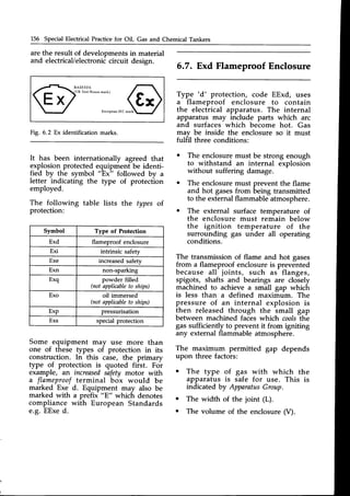 156 Special Electrical Practicefor Oil, Gas and Chemical Tankers
Fig. 6.2 Ex identification marks.
are the result of developments in material
and electrical/electroniccircuit design.
UK Test House
6.7. Exd FlameproofEnclosure
Type 'd' protection, code EExd, uses
a flameproof enclosure to contain
the electrical apparatus. The internal
apparatus may include parts which arc
and surfaceswhich become hot. Gas
may be inside the enclosure so it must
fulfil three conditions:
The enclosure must be strong enough
to withstand an internal explosion
without suffering damage.
The enclosure must prevent the flame
and hot gasesfrom being transmitted
to the external flammable atmosphere.
The external surface temperature of
the enclosure must remain below
the ignition temperature of the
surrounding gas under all operating
conditions.
The transmissionof flame and hot gases
from a flameproof enclosure is prevented
because all joints, such as flanges,
spigots, shafts and bearings are closely
machined to achieve a small gap which
is less than a defined maximum. The
pressure of an internal explosion is
then released through the small g"p
between machined faces which coolsthe
gas sufficiently to prevent it from igniting
any external flammable atmosphere.
The maximum permitted gap depends
upon three factors:
o The type of gas with which the
apparatus is safe for use. This is
indicated by ApparatusGroup.
o The width of the joint (L).
o The volume of the enclosure(V).
It has been internationally agreed that
explosion protected equipment be identi-
fied by the symbol "Ex" followed by u
letter indicating the type of protection
employed.
The following table lists the types ot
protection:
Some equipment may use more than
one of these types of protection in its
construction. In this case, the primary
type of protection is quoted first. For
example, an increased
safety motor with
a flameprool terminal box would be
marked Exe d. Equipment may also be
marked with a prefix "E" which denotes
compliance with European Standards
e.g. EExed.
Symbol Type of Protection
Exd flameproof enclosure
Exi intrinsic safetv
Exe increased safety
Exn non-sparking
Exq powder filled
(not applicable
to ships)
Exo oil immersed
(not applicable
to ships)
E*P pressurisation
Exs special protection
 