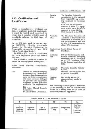 Certification and Identification 163
6.13. Certification and
Identification
When a manufacturer produces an
item of explosion protected equipment,
it must be tested and inspected to
ensure that it complies with the required
standards relating to that type of
protection.
In the UK this work is carried out
by BASEEFA (British Approvals
Service for Electrical Equipment in
Flammable Atmospheres) and SCS
(SIRA Certification Service).
BASEEFA/SCS issue a certificate
for each explosion protected device
they test.
The BASEEFA certificate number is
shown on the equipment name plate.
Some other national certification
authorities:
USA: There is no national certifying
body in the USA. Two separate
insurance based organisations
carry out tests on equipment
and issue approvals (listings)
of apparatus and equipment
acceptable to their published
standards. The organisations
are:
FM Factorv Mutual Research
Corporation.
UL Underwriters Laboratories.
South Africa: South African Bureau of
SABS Standards.
The Canadian Standards
Association is the national
body responsible for certify-
ing equipment for hazardous
areas.
CSA have an affangement
with BSI to allow U.K. equip-
ment which has a BASEEFA
approval to be certified to
CSA Standardsin the U.K.
The Standards Association of
Australia is responsible for
certification in Australia. SAA
has an arrangement with BSI
to help U.K. organisationsto
obtain SAA Approval.
PTB are the testing and certi-
fication authority, certifying
either to CENELEC Standards
or to VDE Standards. (VDE
is the German equivalent of
BSr).
Danmarks Eleclriske Material-
Kontrol.
Denmark also recognises the
CENELEC Standards.
Det Norske Veritas: an
approvals body similar to
Lloyds.
Canada:
CSA
Australia:
SAA
Germany:
PTB
Denmark:
DEMKO
Norway:
DNV
The following example gives a reminder
of the meaning of the Ex identification
marks on a rating label for an item of
explosion-protectedapparatus:
Example: EExia IIC T4 No. BASEEFA Ex 78229X
E Ex ta nc T4 No.
to
European
Standard
EN50 020
Explosion
Protection
Type of
protection
Apparatus
Group
Temperature
Class
Certifying
Authority
and
Certificate
Number
 