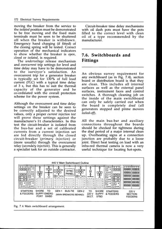 172 Electrical Survey Requirements
moving the breaker from the service to
the isolated
position must be demonstrated
to be free moving and the fixed main
terminals must be seen to be shuttered
off when the breaker is withdrawn.
Emergency hand charging (if fitted) of
the closing spring will be tested. Correct
operation of the mechanical indicators
to show whether the breaker is open,
closed
or isolated,
is required.
The underaoltage
release mechanism
and oaercurrenttrip settings for level and
time delay may have to be demonstrated
to the surveyor's satisfaction. An
overcurrent trip for a generator breaker
is typically set for 130% of full load
current (FLC) with a typical time delay
of 3 s, but this has to suit the thermal
capacity of the generator and be
co-ordinated with the overall protection
schemefor the power system.
Although the overcurrent and time delay
settings on the breaker can be seen to
be correctly adjusted to the desired
values, only a proper currentinjectiontest
will prove these settings against the
manufacturer's I/t characteristics.In this
test the circuit-breaker is isolated from
the bus-bar and a set of calibrated
currents from a current injection set
are fed directly through the closed
circuit-breaker (primary injection) or
(more usually) through the overcurrent
relay (secondary
injection).
This is generally
a specialisttask for an outside contractor.
Circuit-breaker time delav mechanisms
with oil dash pots must have the pots
filled to the correct level with clean
oil of a type recommended by the
manufacturer.
7.6. Switchboards and
Fittings
An obvious survey requirement for
any switchboard (as in Fig. 7.4), section
board or distribution board is that they
are clean. This includes all internal
surfaces as well as the external panel
surfaces, instrument faces and control
switches. A thorough cleaning job on
the inside of the main switchboard
can only be safely carried out when
the boird is completely dead (all
generators stopped and prime movers
locked-offl.
All the main bus-bar and auxiliarv
connections throughout the boardi
should be checked for tightness during
the deadperiod of a major internal clean
up. Overheating signs at a connection
junction are probably due to a loose
joint. Direct heat testing on load with an
infra-red thermal camera is now a very
useful technique for locating hot-spots.
440V MainSwitchboard
Outline
NUUU(]
"tr?!
E O =
I :,.:.,::i,:
l . l l . , ' . 1
" ' J
t,.
I .,....',
,:.,1
L : : : : , : , : : . . : : . . . 1
li ..: ii-4...1
N o
troo
N o
E o o
STARTERS SHORE TO
& FEEDERS SUPPYEMERG
PORT SWBD
GEN1 BUS-TIE GEN2
(MAIN
BREAKERS
BEHIND)
TO
220V
SECT.
SHORE
SUPPY
STBD
STARTERS
& FEEDERS
220V
SECTION
FEEDERS
Fig. 7.4 Main switchboard arrangement.
 