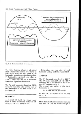 206 Electric Propulsion and High Voltage Practice
approximate
overallwaveform
asthesumof
fundamental
+ 3rdand7thharmonics
harmonic
analysis
ofrepresenting
a complex
waveform
as
separate
harmonic
sinewaves
Fig. 8.22 Harmonic analysis of waveforms.
The total heating effect of distorted
(non-sinusoidal) current waveform is
calculated from the rms sum of all
harmonics including the fundamental (or
1't harmonic). e.g. total rms value is:
l:ffi for a waveform
with three significant harmonics.
The % total harmonic distortion (THD)
is found from the ratio of the sum of
rms harmonics to the rms value of the
fundamental.
Determine the rms
harmonic voltage and the
size of each
overall THD.
ANSWER
The 1't harmonic rms level is 440 V.
The 5th harmonic is 20"/" of 440: 88 V.
Similarlv the 11thharmonic is 40 V and
the LTtr harmonic is 26 Y.
The overall rms value of the three
harmonics is
vu : "188' + 40' + 26, : 100V
So the THD :1001440:0.227 per unit
or 22.70/"
QUESTION
A distorted 440Y, 60 Hz
form is found to include
20o/" Sth; 9"/" IIth; and 6o/o
voltage wave-
harmonics of:
17rh.
Most ship classification
that the THD of the
societies demand
mains voltage is
 