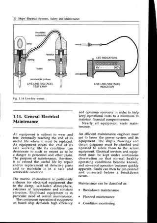 20 Ships'Electrical Systems,Safetyand Maintenance
LEDINDICATORS
Fig. 1.14 Live-line testers.
1..14.General Electrical
Maintenance
and optimum economy in order to help
keep operational costs to a minimum to
maintain financial competitiveness.
Nearly all equipment needsmain-
tenance.
An efficient maintenance engineer must
get to know the power system and its
equiprnent. The ship's drawings and
circuit diagrams must be checked and
updated to relate them to the actual
equipment. Electrical servicesand equip-
ment must be kept under continuous
observation so that normal healthy
operating conditions become known,
and abnormal operation becomesquickly
apparent. Faults can then be pin-pbinted
and corrected before a breakdown
occurs.
Maintenancecan be classifiedas:
o Breakdownmaintenance
o Planned maintenance
o Condition monitoring
All equipment is subject to wear and
tear, eventually reaching the end of its
useful life when it must be replaced.
As equipment nears the end of its
safe working life its condition can
deteriorate to such an extent as to be
a danger to personnel and other plant.
The purpose of maintenance, therefore,
is to extend the useful life by repair
and/or replacement of defective p-arts
and to maintain it in a safe and
serviceablecondition.
The marine environment is particularly
arduous for electrical equipment du-e
to the damp, salt-laden atmosphere,
extremes of temperature and constant
vibration. Shipboard equipment is in
particular need of correct maintenance.
The continuousoperationof equipment
on board ship demands high effitiency
 
