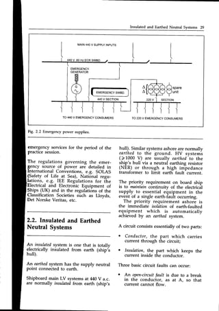Insulated and Earthed Neutral Systems 29
MAIN440V SUPPLY
INPUTS
t
EMERGENCY
GENERATOR
EMERGENCY
SWBD.
Qsp"re
!unit
440V 60 Hz ECRSWBD.
{(
220
l ) ) ) ) l
TO220V EMERGENCY
CONSUMERS
) t t ) l
TO440V EMERGENCY
CONSUMERS
Fig. 2.2 Emergencypower supplies.
emergencyservicesfor the period of the
practicesession.
The regulations governing the emer-
gency source of power are detailed in
International Conventions, e.g. SOLAS
-(Safetyof Life_1t Sea), Nati6nal regu-
lations, e.g. IEE Regulations for t"he
Electrical and Electronic Equipment of
Qhips (UK) and in the regulitidns of the
Classification Societies such as Lloyds,
Det Norske Veritas, etc.
2.2. Insulated and Earthed
Neutral Systems
An insulafedsystem is one that is totallv
electrically insulated from earth (shipis
hull).
An earthedsystem has the supply neutral
point connectedto earth.
Shipboardmain LV systemsat M0 V a.c.
are normally insulatedfuom earth (ship,s
hull). Similar systemsashoreare normally
earthed to the ground. HV systems
( > L000 V) are usually earthedto the
ship's hull via a neutrai earthing resistor
(NER) or through a high im-pedance
transformer to limit eartli fault-current.
The priority requirement on board ship
is to maintain continuity of the electricil
supply to essential eiluipment in the
event of a single earth-fault occurring.
The priority requirement ashore is
the immediate isolationof earth-faulted
equipment which is automatically
achieved by an earthedsystem.
A circuit consistsessentiallyof two parts:
o Conductor,the part which carries
current through the circuit;
o Insulation, the part which keeps the
current inside the conductor.
Three basic circuit faults can occur:
o An open-circuit
fault is
in the conductor, as
current cannot flow.
due to
at A,
a break
so that
 
