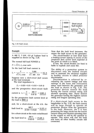 Circuit Protection 45
I
0.025
o i r Shortcircuit
I faultlocation
i oqqr
I
Fig. 2.24 Fault circuit.
A 440 V, 5 kW, 0.8 pf 3-phase load is
supplied as shown in Fig. 2.24.
The normal full load POAtrER
is
P: Ji.Vr.ly.cosgwatts
Example
So the load full load current is
5,000
T _
T L _
rEvr.cosd G.++o. o.s
Suppose now a short-circuitfault occurs
at the load terminals
The total impedance is
Zr:0.025 + 0.01+
0.015
: 0.05
O
and the prospective short-circuit fault
current is tr: ! : Mo v : 8.800
A
'
ZP 0'05O :'- -
So the prospective fault current level at
the load is 8800A
and, for a short-circuit at the d.b. the
fault level is:
M 0 v
(0.025
+ 0.01)c)
:2,fl1 !
Note that the fault level increases, the
nearer the fault occurs to the generator.
The circuit-breaker or fuse must have
a breaking-current
capacityin excessof the
prospectioe
fault current level expected at
the point at which it is fitted.
If less, the circuit breaker (or fuse) is
liable to explode and causefire.
The ability of a protection system to
disconneci onlv
'the
faulted circuits
and to maintain the electrical supplies
to healthy circuits is called proleitiae
discimination.
Discrimination is achieved bv co-
ordinating the current ratings and- time
settings of the fuses and overcurrent
relays used between the generator and
the load as shown in Fig. 2.25. The
protective devices nearest the load
having the lowest current rating and
shortest operating time. Those nearest
the generator having the highest current
rating and longest operating time.
If a short-circuit fault occurs in the
lampholder in Fig. 2.25, the fault current
will be large enough to operate all
protection devices from the generators
to the fault. However, the 5 A fuse
protecting the lamp circuit has the lowest
current rating and shortest operating time
in the system so will be the quickest to
operate. This action will clear the f.ault
and leave all other healthv circuits still
connected.
: 8 . 2 A
for a short-circuit at the main switchboard
the fault levelis: .yo' :17.600A
0.025
f,
 