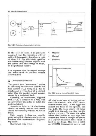 46 Electrical Distribution
Fig. 2,25 Protective discrimination scheme.
In the case of fuses, it is generally
accepted that discrimination will be
achievedif consecutivefuseshave a ratio
of about 2:1. The shipbuilder specifies
the current ratings of fuses, together with
the current and time settings of relays,
in the protection scheme.
It is important that the original settings
are maintained to achieve correct
discrimination.
D OvercurrentProtection
The general term "overcurrent" applies
to a relatively small increaseover the full
load current (FLC) rating (e.g. due to
mechanical overloading of a motor)
rather than the massivecurrent increase
causedby a short-circuit
fault.
Generally, an overcurrent, supplied
from a CT, is detected by a relay with
an appropriate time-delay to match the
protected circuit.
Short-circuitfaults in LV distribution
circuits are mainlv detected and cleared
almostinstantaneoitslyby
fuses,MCCBsor
MCBs.
Main supply feeders are usually
protected against short-circuits by circuit
breakers with instantaneous magnetic
trip action.
Overcurrent relay types:
Magnetic
Thermal
Electronic
Fig. 2.26 Inverse current/time (I/t) curve.
All relay types have an inverse current-
time characteristic called OCIT (over-
current inverse time), i.e. the bigger the
current the faster it will operate. See
Fig. 2.26. The basic inoerseI/t curve
would tend towards zero time for the
highest currents. To make the relay
action more precise at very high fault
currents the action is arranged to operate
at a definife minimum time which is
fixed by the design. This type is called
an OCIDMT (overcurrent inverse and
 