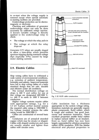 Electric Cables 51
to re-start when the voltage supply is
restored except when special automatic
re-startingfacilities are provided.
Undervoltageprotectioncanbe electro-
magnetic or electronic.
Checking and calibration of generator
undervoltage relays can only be done
accurately by calibrated aoltageinjection.
A known variable voltage is directly
applied to the undervoltage relay to
check:
o The voltageat which the relay pulls-in
o The voltage at which the relay
drops-out
GeneratorU/V relays are usually slugged
to allow a time-delay which prevents
spurious tripping during transient voltage
dips (typically 15"/") caused by large
motor starting currents.
2.9. ElectricCables
Ship wiring cables have to withstand a
wide variety of environmental conditions,
e.g. extremes of ambient temperature,
humidity and salinity. Improved materials
have led to ship wiring cablesof a fairly
standard design that are safe, durable
and efficient under all conditions.
The normal distribution voltage on
ships is 440 V and cables for use at
this voltage are designated 600i1000V,
i.e. 600 V to earth or 1000 V between
conductors.
Higher voltage systemsrequire cables
with appropriate ratings, e.g. for a
3.3 kV 3-phase earthedneutral system
the required cable rating is 1900/3300
V.
For 3-phase insulatedsystems the cable
rating would be 3300/3300
V.
Cablesare constructedof severalbasic
parts:
Conductors are of annealed stranded
copper which may be circulr,ror shaped.
Cableswith shapedconductorsand cores
are usually smaller and lighter than
cableswith circular cores.
Fig, 2.32 XLPE cableconstruction.
Cable insulation has a thickness
appropriate to the systemvoltage rating.
Insulation materials are generally organic
plastic compounds. Butyl rubber, which
is tough and resilient, has good heat,
ozone and moisture resistance. These
excellent properties enable butyl rubber
to replace natural rubber as an insulant.
Even so, butyl rubber has now been
largely supersededby ethylenepropylene
rubber (EPR)insulation. EPR has similar
electrical and physical properties to
roundcomoacted
stranded
conductors
XLPEinsulation
coldeasystripsemi-conducting
screenextruded
withthe insulation
coppertape
coreslaiduo with
polypropylene
fillers
extrudedPVCbedding
steel
wirearmour
blackPVCoversheath
 