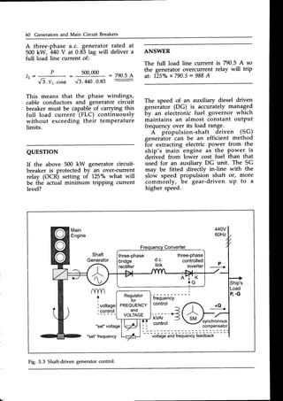 60 Generators and Main Circuit Breakers
A three-phase a.c. generator rated at
500 kW, M0 V at 0.83 lag will deliver a
full load line current of:
P
- = - :
-
J5. vr.cos|
This means that the phase windings,
cable conductors and generator circuit
breaker must be capable of carrying this
full load current (FLC) continuously
without exceeding their temperature
limits.
QUESTION
If the above 500 kW generator circuit-
breaker is protected by an over-current
relay (OCR) setting oi 25"/o what will
be the actual minimum tripping current
level?
ANSWER
The full load line current
the generator overcurrent
at: 1.250/"
x 790.5: 988A
is 790.5A so
relay will trip
500,000
J3.440.0.83
: 790.5A
The speed of an auxiliary diesel driven
generitor (DG) is accurately manqgei
6y an electronic fuel governor which
maintains an almost constant output
frequency over its load range.
A propulsion-shaft driven (9G)
generaior-can be an efficient method
ior extracting electric power from the
ship's main engine as the Power is
derived from lower cost fuel than that
used for an auxiliary DG unit. The SG
mav be fitted directly inJine with the
slow speed propulsion shaft or, more
commonly, be gear-driven uP to a
higher speed.
440V
60Hz
Shaft
Generator
three-phase
bridge
rectifier
three-phase
controlled
inverter
d.c.
link P
----*
Ship's
Load
B - O
frequency
:"::,=d-'L
-xvn,
---
3 -rt)rr""n
;iif
control -
| | comPensator
l l
Fig. 3.3 Shaft-driven generator control.
 