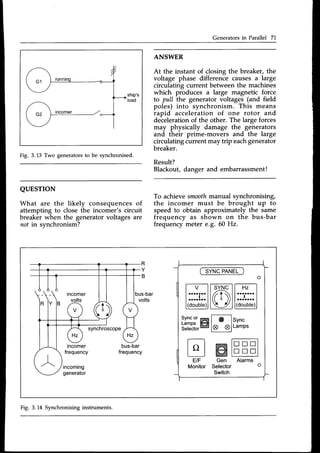 Generators in Parallel 7'1.
ANSWER
At the instant of closing the breaker, the
voltage phase difference causes a large
circulating current between the machines
which produces a large magnetic force
to pull the generator voltages (and field
poles) into synchronism. This means
rapid acceleration of one rotor and
decelerationof the other. The largeforces
may physically damage the generators
and their prime-movers and the large
circulating current may trip eachgenerator
breaker.
Result?
Blackout, danger and embarrassment!
To achievesmoothmanual synchronising,
the incomer must be brought up to
speed to obtain approximately the same
frequency as shown on the bus-bar
frequency meter e.g. 60 Hz.
Fig. 3.13 Two generatorsto be synchronised.
QUESTTON
What are the likely consequencesof
attempting to close the incomer's circuit
breaker when the generatorvoltages are
not in svnchronism?
R
B
incomer bus-bar
volts
synchroscope
tncomer
frequency
incoming
generator
bus-bar
frequency
SYNCPANEL
o
l-sT[C-lI H= I
|""i"Illl ll"r".I
l(fi;t)llVll(.'iil)l
i{t5_ffimsffi,
l o l
EIF
Monitor
t-;l
ffi l===l
& d 1 " " " 1
Gen Alarms
Selector o
Switch
Fig. 3.14 Synchronising instruments.
 