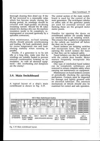 Main Switchboard 79
thorough cleaning then dried out. If the
IR has recovered to a reasonablevalue
which has become steady during the
drying period, its windings should be
covered with high-quality air-drying
insulating varnish. Should the IR value
remain low during a dry-out, the machine
insulation needs to be completely re-
impregnated or rewound (generallyby a
specialistcontractor).
After maintenance, no-load running
checks should precede synchronising
and loading. On load, particularly check
for excesstemperature rise and load-
sharing stability when running in
parallel.
Finally, if a generator is to be left
idle or a long time, make sure that its
windings are suitably heated to prevent
internal condensation forming on its
insulation. As with all electrical equip-
ment - dirt, overheating and dampness
are the enemy!
3.9. Main Switchboard
The central section of the main switch-
board is used for the control of the
main generators.The switchgearcubicles
on either side of the generator panels
are used for essential services and
flanking these are the grouped motor
starter panels.
Handles for opening the doors on
switchboard cubicles are usuallv linked
(or interlocked) to an isolating-switch.
This ensuresthat suppliesto components
in the cubicle are switched off before
the door can be opened.
Fused isolators are isolating switches
that incorporate fuses. The action of
opening the switch isolates the fuses
so that they can be replacedsafely.
Fused isolatorscan also be interlocked
with the cubicle door handle. Motor
starters frequently incorporate this
arrangement.
One type of interlocked fused isolator
can be completely withdrawn and
removed to ensurecompletesafetywhen
carrying out maintenanceon equipment.
Maintenanceon fused isolatorsconsists
of periodically checking the operating
mechanism. Contacts must be inspected
for damage and lightly greased with
an electrical lubricant. The interlock
mechanism (if fitted) should also be
examined for correct and safe operation.
A typical layout of
switchboard is shown
a ship's main
in Fig. 3.19.
440V MainSwitchboard
Outline
nuutlo
Ut]U!
I
FF A-
- - - - l
l l
l l
l l
l -
- - - l
STARTERSSHORE TO
& FEEDERSSUPPY
EMERG
PORT SWBD
GEN1 BUS-TIEGEN2
(MAIN
BREAKERS
BEHIND)
TO SHORE
22OV SUPPY
SECT. STBD
STARTERS
& FEEDERS
220V
SECTION
FEEDERS
Fig. 3.19 Main switchboardlayout.
 