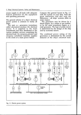 2 Ships'Electrical Systems,Safetyand Maintenance
securesupply to all loads with adequate
built-in protection for the equipment
and operating personnel.
The general schemeof a ship's electrical
power system is common to nearly all
ships.
The main a.c. generators (sometimes
called alternators)produce the electrical
power. It is supplied to the main
switchboard and then distributed to the
various auxiliary servicescomprising the
electricalload. An emergency
generatorand
emergency
switchboardmaintain supplies
in the event of a main power failure.
Compare this general layout in Fig. 1.1
with the system on your ship. Note the
great similarities and also note the
differences - all ships' systems differ in
some respect.
The generators may be driven by u
dieselengine, by a steam or gas turbine,
or by the main propulsion engine as a
shaft generator.The type of prime mover
is determined by the design of the ship
and by economicfactors.
The combined power rating of the
generators is determined by the overall
demand of the ship's electrical load.
FI
ffi
/-:
/  r 
lv
trH
KH
A
[V
ffi
/G
[v
ffi
/G
[v
A
/ ')
60 Hz ECRSWBD
440V 60 Hz EMERGENCY
SWBD.
Fig. 1.1 Electricpower system.
 
