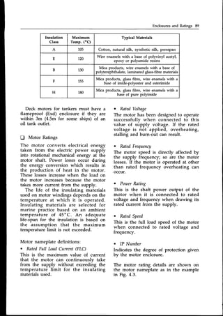 Enclosuresand Ratings 89
Insulation
Class
Maximum
Temp. ("C)
Typical Materials
A 105 Cotton, natural silk, synthetic silk, presspan
E 120
Wire enamels with a base of polyvinyl acetyl,
epoxy or polyamide resins
B 130
Mica products, wire enamelswith a base of
polyterephthalate, laminated glass-fibre materials
F 155
Mica products, glassfibre, wire enamelswith a
base of imide-polyester and esterimide
H 180
Mica products, glassfibre, wire enamelswith a
base of pure polyimide
Deck motors for tankers must have a
flameproof (Exd) enclosure if they are
within 3m (4.5m for some ships) of an
oil tank outlet.
D Motor Ratings
The motor converts electrical energy
taken from the electric power supply
into rotational mechanical energy at the
motor shaft. Power lossesoccur during
the energy conversion which results in
the production of heat in the motor.
These lossesincreasewhen the load on
the motor increasesbecause the motor
takes more current from the supply.
The life of the insulating materials
used on motor windings depends on the
temperature at which it is operated.
Insulating materials are selected for
marine practice based on an ambient
temperature of 45oC. An adequate
life-span for the insulation is based on
the assumption that the maximum
temperaturelimit is not exceeded.
Motor nameplatedefinitions:
o RatedFuIl LoadCurrent (FLC)
This is the maximum value of current
that the motor can continuouslv take
from the supply without exceedingthe
temperature limit for the insulating
materialsused.
o RatedVoltage
The motor has been designedto operate
successfullv when connected to this
value of supply voltage. If the rated
voltage is not applied, overheating,
stalling and burn-out can result.
o RatedFrequency
The motor speed is directly affected by
the supply frequency; so are the motor
losses.If the motor is operated at other
than rated frequency overheating can
occur.
o PowerRating
This is the shaft power output of the
motor when it is connected to rated
voltage and frequency when drawing its
rated current from the supply.
o RatedSpeed
This is the full load speed of the motor
when connected to rated voltage and
frequency.
. lP Number
Indicates the degree of protection given
by the motor enclosure.
The motor rating details are shown on
the motor nameplate as in the example
in Fig. 4.3.
 