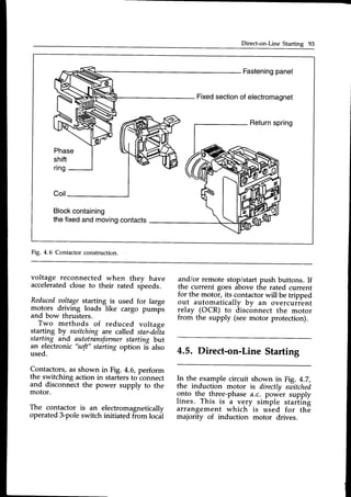 Direct-on-Line Starting 93
Fastening
panel
Fixed
section
ofelectromagnet
Phase
shift
nng
Coil
Block
containing
thefixedandmoving
contacts
Fig. 4.6 Contactorconstruction.
voltage reconnected when they have
acceleratedclose to their rated sireeds.
Reduced
yoltagestarting is used for large
motors driving loads like cargo pumps
and bow thrusters.
Two methods of reduced voltage
starting by switching are called star-delta
starting and autotransformer
starting but
an electrortic "soft"starting option is also
used.
Contactors,asshown in Fig. 4.6, perform
the switching actionin startersto-connect
and disconnectthe power supply to the
motor.
and/or remote stop/startpush buttons. If
the current goes above the rated current
for the motor, its contactorwill be tripped
out automatically by an overcurrent
relay (OCR) to disconnect the motor
from the supply (seemotor protection).
4.5. Direct-on-Line Starting
In the examplecircuit shown inFig. 4.7,
the induction motor is directlv sutitched
onto the three-phasea.c. po#er supply
lines. This is
^a
very sirirple stariin!
arrangement which is used for the
majority of induction motor drives.
l
The contactor is an_electromagnetically
operated3-poleswitch initiated from locdl
 