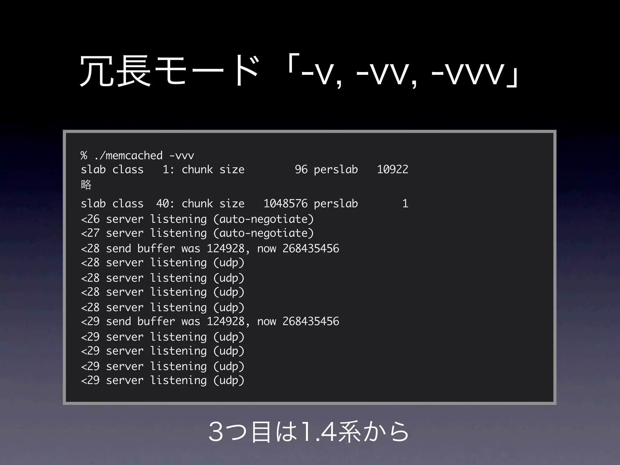 % ./memcached -vvv
slab class   1: chunk size       96 perslab    10922


slab class 40: chunk size    1048576 perslab      1
<26 server listening (auto-negotiate)
<27 server listening (auto-negotiate)
<28 send buffer was 124928, now 268435456
<28 server listening (udp)
<28 server listening (udp)
<28 server listening (udp)
<28 server listening (udp)
<29 send buffer was 124928, now 268435456
<29 server listening (udp)
<29 server listening (udp)
<29 server listening (udp)
<29 server listening (udp)
 