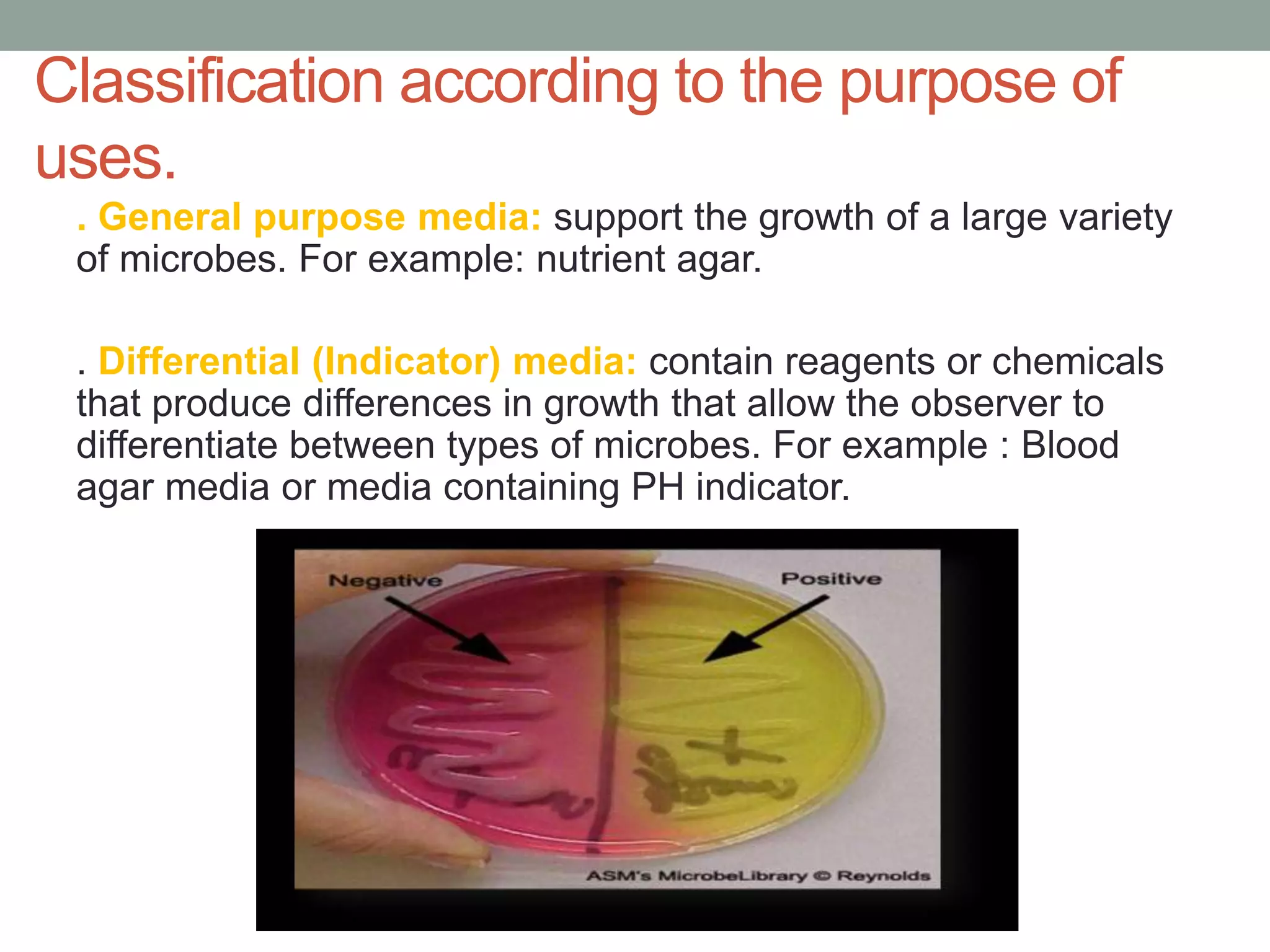 . General purpose media: support the growth of a large variety
of microbes. For example: nutrient agar.
. Differential (Indicator) media: contain reagents or chemicals
that produce differences in growth that allow the observer to
differentiate between types of microbes. For example : Blood
agar media or media containing PH indicator.
Classification according to the purpose of
uses.
 