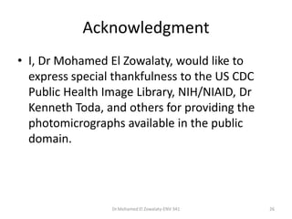 Acknowledgment
• I, Dr Mohamed El Zowalaty, would like to
express special thankfulness to the US CDC
Public Health Image Library, NIH/NIAID, Dr
Kenneth Toda, and others for providing the
photomicrographs available in the public
domain.
Dr.Mohamed El Zowalaty-ENV 341 26
 