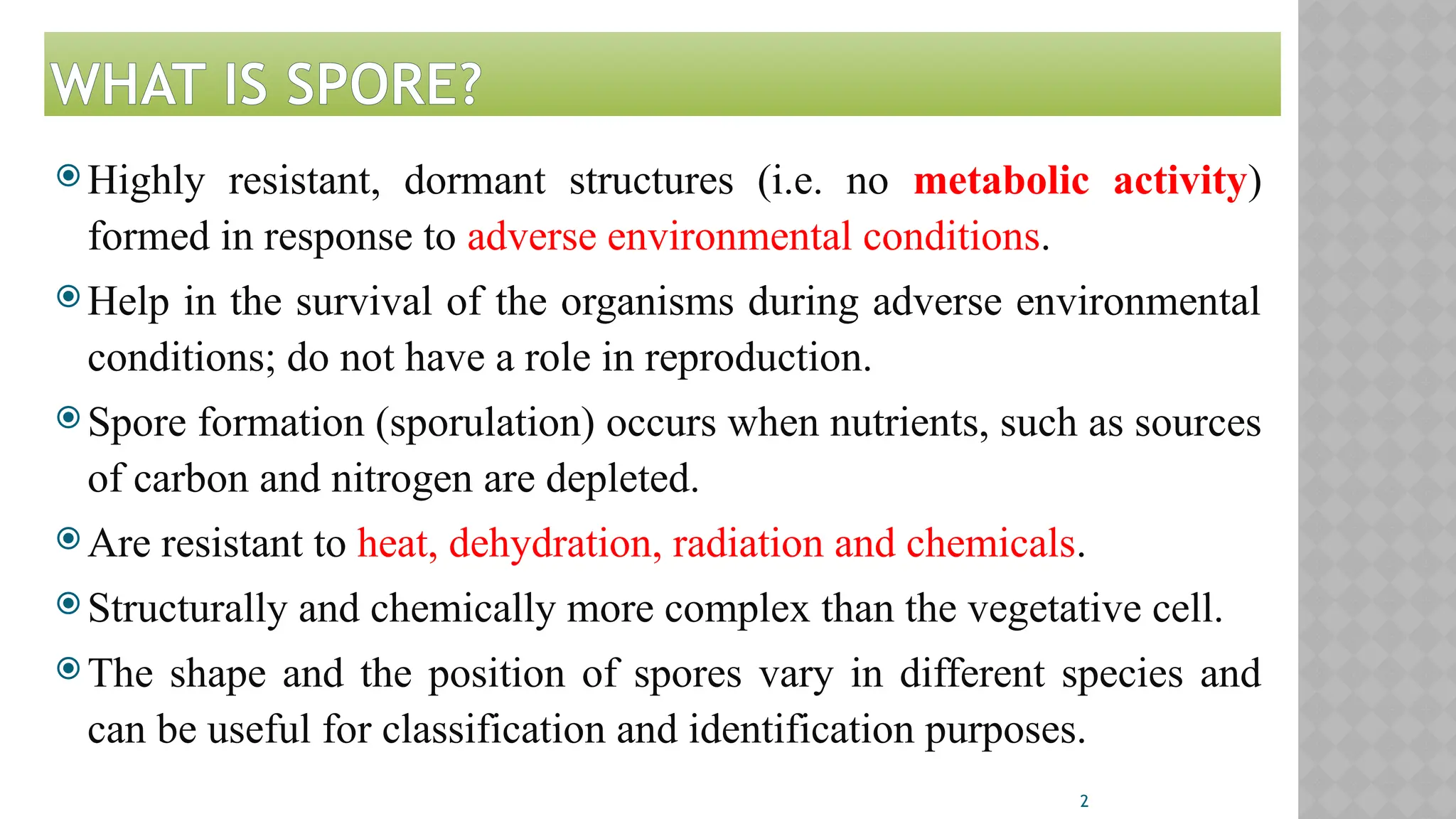 2
WHAT IS SPORE?
 Highly resistant, dormant structures (i.e. no metabolic activity)
formed in response to adverse environmental conditions.
 Help in the survival of the organisms during adverse environmental
conditions; do not have a role in reproduction.
 Spore formation (sporulation) occurs when nutrients, such as sources
of carbon and nitrogen are depleted.
 Are resistant to heat, dehydration, radiation and chemicals.
 Structurally and chemically more complex than the vegetative cell.
 The shape and the position of spores vary in different species and
can be useful for classification and identification purposes.
 
