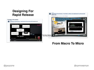 500 West Madison 
500 West Madison 
From Macro To Micro 
Designing For ! 
Rapid Release 
@javazone @samnewman 
 