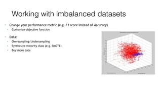 Working with imbalanced datasets
• Change your performance metric (e.g. F1 score instead of Accuracy)
• Customize objective function
• Data:
• Oversampling/Undersampling
• Synthesize minority class (e.g. SMOTE)
• Buy more data
 