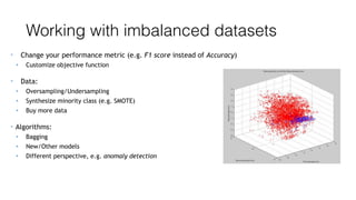 Working with imbalanced datasets
• Change your performance metric (e.g. F1 score instead of Accuracy)
• Customize objective function
• Data:
• Oversampling/Undersampling
• Synthesize minority class (e.g. SMOTE)
• Buy more data
• Algorithms:
• Bagging
• New/Other models
• Different perspective, e.g. anomaly detection
 