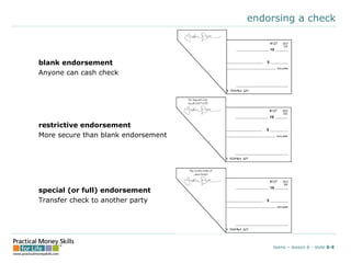 endorsing a check
teens – lesson 6 - slide 6-E
blank endorsement
Anyone can cash check
restrictive endorsement
More secure than blank endorsement
special (or full) endorsement
Transfer check to another party
 
