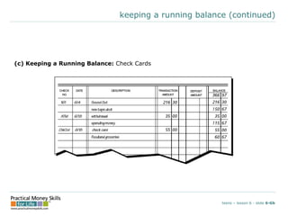 keeping a running balance (continued)
(c) Keeping a Running Balance: Check Cards
teens – lesson 6 - slide 6-Gb
 