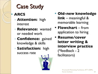 ARCS Attention:  high interest Relevance:  wanted or needed work Confidence:  gained   knowledge & skills Satisfaction:  high success rate Case Study Old-new knowledge link  – meaningful & memorable learning Flowchart  – from application to hiring Resume/cover letter writing & interview practice  (*feedback - 2 facilitators) Practical & Motivating Facilitation, BTT (2009), Karen Carleton 