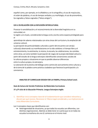 Costoya, Cinthia; Much, Micaela; Sampietro, Cielo
español como, por ejemplo, en lo alfabético y en lo ortográfico, el uso de mayúsculas,
el orden de palabras, el uso de tiempos verbales y su morfología, el uso de pronombres,
los cognados y falsos cognados (“falsos amigos”).
EJE 6: EN RELACIÓN CON LA REFLEXIÓN INTERCULTURAL
Provocar la sensibilización y el reconocimiento de la diversidad lingüística en su
comunidad, en
la región y en el país, considerando la lengua oral y escrita como espacio privilegiado para
el
aprendizaje de saberes relacionados con otras áreas del currículum y la ampliación del
universo cultural.
La percepción de particularidades culturales a partir del encuentro con otra(s)
cultura(s) observando sus manifestaciones en la vida cotidiana: el tiempo libre y el
entretenimiento, la vestimenta, la música, la escuela, las celebraciones, las comidas,
entre otras; así como también la percepción de rasgos de la propia identidad cultural a
partir del estudio de la lengua extranjera identificando convenciones sociales de
la culturas propias o situaciones en que es posible observar diferencias
entre la cultura propia y la extranjera.
La valoración de la práctica del diálogo como camino de acercamiento entre culturas y
de la toma de la palabra como práctica ciudadana que favorece la participación y la
convivencia.
ANALYSIS OF CURRICULAR DESIGN FOR LA PAMPA, Primary School Level.
Guía de lectura de Versión Preliminar de Materiales Curriculares
1º y 2º ciclo de la Educación Primaria. Lengua Extranjera Inglés
1. Identificar cinco conceptos clave de la Fundamentación que considere relevantes y
discutir por qué razones. Reconocer el Marco Legal considerado y sus implicancias en
estos Materiales Curriculares.
Los 5 conceptos claves que identificamos son:
● Heterogeneidad de situaciones, ya que todas las escuelas son diferentes, con
distintas organizaciones. Además se debe tener en cuenta que no en todas las
escuelas la enseñanza de una LE comienza en el mismo nivel.
6
 