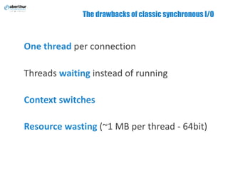 The drawbacks of classic synchronous I/O
One	thread per	connection
Threads waiting instead of	running
Context switches
Resource wasting (~1	MB	per	thread - 64bit)
 