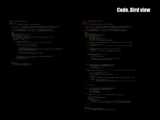 Code. Bird view
3110	October	2016
package org.demo.ota.blocking.rest;
@Path("se")
public class ScriptSubmissionResource extends Application {
private static final Logger log = LoggerFactory.getLogger(ScriptSubmissionResource.class);
private static final ResourceMetrics METRICS = new ResourceMetrics("ota_submission");
private SecureModuleClient secureModuleClient = SecureModuleClient.instance();
private ScriptStorageClient scriptStorageClient = ScriptStorageClient.instance();
@POST
@Path("/{seId}/scripts")
@Consumes(MediaType.APPLICATION_JSON)
@Produces(MediaType.TEXT_PLAIN)
public long submitScripts(@PathParam("seId") String seId, List<Script> scripts) {
MDC.put("flow", "submission");
MDC.put("se", seId);
return METRICS.instrument(() -> {
log.debug("Processing {} scripts submission", scripts.size(), seId);
for (int i = 0; i < scripts.size(); i++) {
final Script script = scripts.get(i);
log.debug("Encrypting {} script", i);
final String encryptedPayload = secureModuleClient.encrypt(seId, script.getPayload());
script.setPayload(encryptedPayload);
log.debug("Storing encrypted script {}", i);
scriptStorageClient.storeScript(seId, script);
}
long numberOfScripts = scriptStorageClient.numberOfScriptsForSe(seId);
log.debug("Request processed", seId);
return numberOfScripts;
});
}
@Override
public Set<Object> getSingletons() {
return Collections.singleton(this);
}
}
package org.demo.ota.nonblocking.rest;
@Path("se")
public class ScriptSubmissionResource extends Application {
private static final Logger log = LoggerFactory.getLogger(ScriptSubmissionResource.class);
private static final ResourceMetrics METRICS = new ResourceMetrics("ota_submission");
private SecureModuleClient secureModuleClient = SecureModuleClient.instance();
private ScriptStorageClient scriptStorageClient = ScriptStorageClient.instance();
@POST
@Path("/{seId}/scripts")
@Consumes(MediaType.APPLICATION_JSON)
@Produces(MediaType.TEXT_PLAIN)
public void submitScripts(
@PathParam("seId") String seId,
List<Script> scripts,
@Suspended final AsyncResponse asyncResponse
) {
final DiagnosticContext diagnosticContext = new DiagnosticContext("submission", seId);
METRICS.instrumentStage(() -> {
log.debug("{} Processing {} scripts submission", diagnosticContext, scripts.size());
return
encryptAndStoreAllScripts(diagnosticContext, seId, scripts)
.thenCompose(
ignore -> scriptStorageClient.numberOfScriptsForSe(seId)
);
})
.whenComplete((numberOfScripts, e) -> {
if (e != null) {
asyncResponse.resume(e);
} else {
log.debug("{} Request processed", diagnosticContext);
asyncResponse.resume(numberOfScripts);
}
});
}
private CompletionStage<Void> encryptAndStoreAllScripts(
final DiagnosticContext diagnosticContext,
final String seId,
final List<Script> scripts
) {
CompletionStage<Void> stage = null; // <- non final field, potential concurrent access bug!
for (int i = 0; i < scripts.size(); i++) {
final int scriptIndex = i;
final Script script = scripts.get(scriptIndex);
if (stage == null) {
stage = encryptAndStoreSingleScript(diagnosticContext, seId, scriptIndex, script);
} else {
stage = stage.thenCompose(ignore ->
encryptAndStoreSingleScript(diagnosticContext, seId, scriptIndex, script));
}
}
return stage;
}
private CompletionStage<Void> encryptAndStoreSingleScript(
final DiagnosticContext diagnosticContext,
final String seId,
final int scriptIndex,
final Script script
) {
log.debug("{} Encrypting script {}", diagnosticContext, scriptIndex);
return secureModuleClient
.encrypt(seId, script.getPayload())
.thenCompose(
encryptedPayload -> {
log.debug("{} Storing encrypted script {}", diagnosticContext, scriptIndex);
return scriptStorageClient.storeScript(seId, new Script(encryptedPayload));
}
);
}
@Override
public Set<Object> getSingletons() {
return new HashSet<>(Collections.singletonList(this));
}
}
 