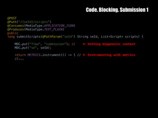 Code. Blocking. Submission 1
10	October	2016 32
@POST
@Path("/{seId}/scripts")
@Consumes(MediaType.APPLICATION_JSON)
@Produces(MediaType.TEXT_PLAIN)
public
long submitScripts(@PathParam("seId") String seId, List<Script> scripts) {
MDC.put("flow", "submission"); // ß Setting diagnostic context
MDC.put("se", seId);
return METRICS.instrument(() -> { // ß Instrumenting with metrics
//...
 