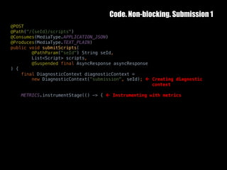 Code. Non-blocking. Submission 1
10	October	2016 34
@POST
@Path("/{seId}/scripts")
@Consumes(MediaType.APPLICATION_JSON)
@Produces(MediaType.TEXT_PLAIN)
public void submitScripts(
@PathParam("seId") String seId,
List<Script> scripts,
@Suspended final AsyncResponse asyncResponse
) {
final DiagnosticContext diagnosticContext =
new DiagnosticContext("submission", seId); ß Creating diagnostic
context
METRICS.instrumentStage(() -> { ß Instrumenting with metrics
 