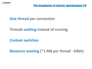 The drawbacks of classic synchronous I/O
One thread per connection
Threads waiting instead of running
Context switches
Resource wasting (~1 MB per thread - 64bit)
 