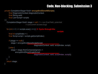 Code. Non-blocking. Submission 3
25 February 2017 37
private CompletionStage<Void> encryptAndStoreAllScripts(
final DiagnosticContext diagnosticContext,
final String seId,
final List<Script> scripts
) {
CompletionStage<Void> stage = null; // <- non final field, potential
// concurrent access bug!
for (int i = 0; i < scripts.size(); i++) {  Cycle through the
scripts
final int scriptIndex = i;
final Script script = scripts.get(scriptIndex);
if (stage == null) {
stage = encryptAndStoreSingleScript(
diagnosticContext, seId, scriptIndex, script);
} else {
stage = stage.thenCompose(ignore ->
encryptAndStoreSingleScript(
diagnosticContext, seId, scriptIndex, script));
}
}
return stage;
}
 
