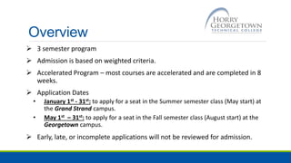 Overview
 3 semester program
 Admission is based on weighted criteria.
 Accelerated Program – most courses are accelerated and are completed in 8
weeks.
 Application Dates
• January 1st - 31st: to apply for a seat in the Summer semester class (May start) at
the Grand Strand campus.
• May 1st – 31st: to apply for a seat in the Fall semester class (August start) at the
Georgetown campus.
 Early, late, or incomplete applications will not be reviewed for admission.
 