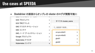 ● Stackdriver の画面からオンプレの cluster のログが閲覧可能に
53
Use cases at SPEEDA
on-pre-k8s01
on-pre-k8s02
gke01
gke02
 