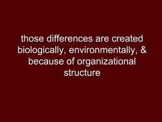 those differences are created
biologically, environmentally, &
because of organizational
structure
 