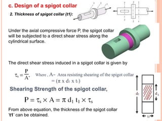 2. Thickness of spigot collar (t1):
Under the axial compressive force P, the spigot collar
will be subjected to a direct shear stress along the
cylindrical surface.
The direct shear stress induced in a spigot collar is given by
Where , A= Area resisting shearing of the spigot collar
= (π x d1 x t1)
Shearing Strength of the spigot collar,
From above equation, the thickness of the spigot collar
‘t1’ can be obtained.
c. Design of a spigot collar
 
