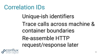 Correlation IDs
Unique-ish identifiers
Trace calls across machine &
container boundaries
Re-assemble HTTP
request/response...