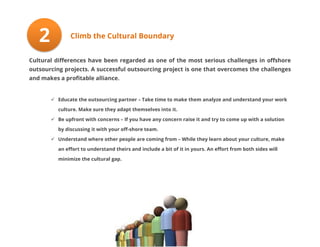 2

Climb the Cultural Boundary

Cultural differences have been regarded as one of the most serious challenges in offshore
outsourcing projects. A successful outsourcing project is one that overcomes the challenges
and makes a profitable alliance.

 Educate the outsourcing partner – Take time to make them analyze and understand your work
culture. Make sure they adapt themselves into it.
 Be upfront with concerns – If you have any concern raise it and try to come up with a solution
by discussing it with your off-shore team.
 Understand where other people are coming from – While they learn about your culture, make
an effort to understand theirs and include a bit of it in yours. An effort from both sides will
minimize the cultural gap.

 