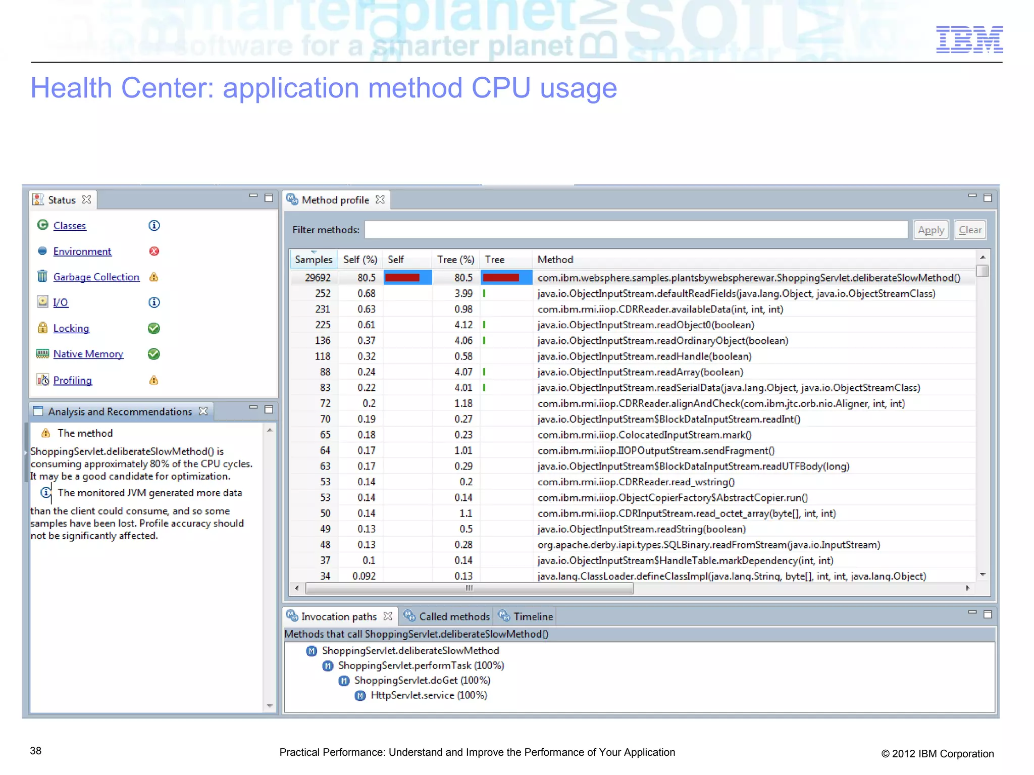 Health Center: application method CPU usage




38                Practical Performance: Understand and Improve the Performance of Your Application   © 2012 IBM Corporation
 