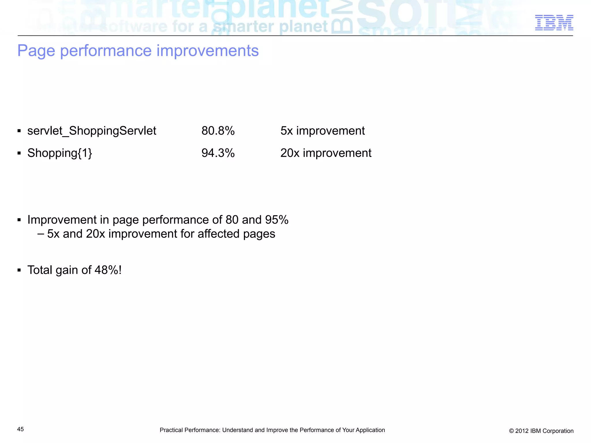 Page performance improvements



■    servlet_ShoppingServlet                 80.8%                        5x improvement
■    Shopping{1}                             94.3%                        20x improvement




■    Improvement in page performance of 80 and 95%
       – 5x and 20x improvement for affected pages

■    Total gain of 48%!




45                             Practical Performance: Understand and Improve the Performance of Your Application   © 2012 IBM Corporation
 