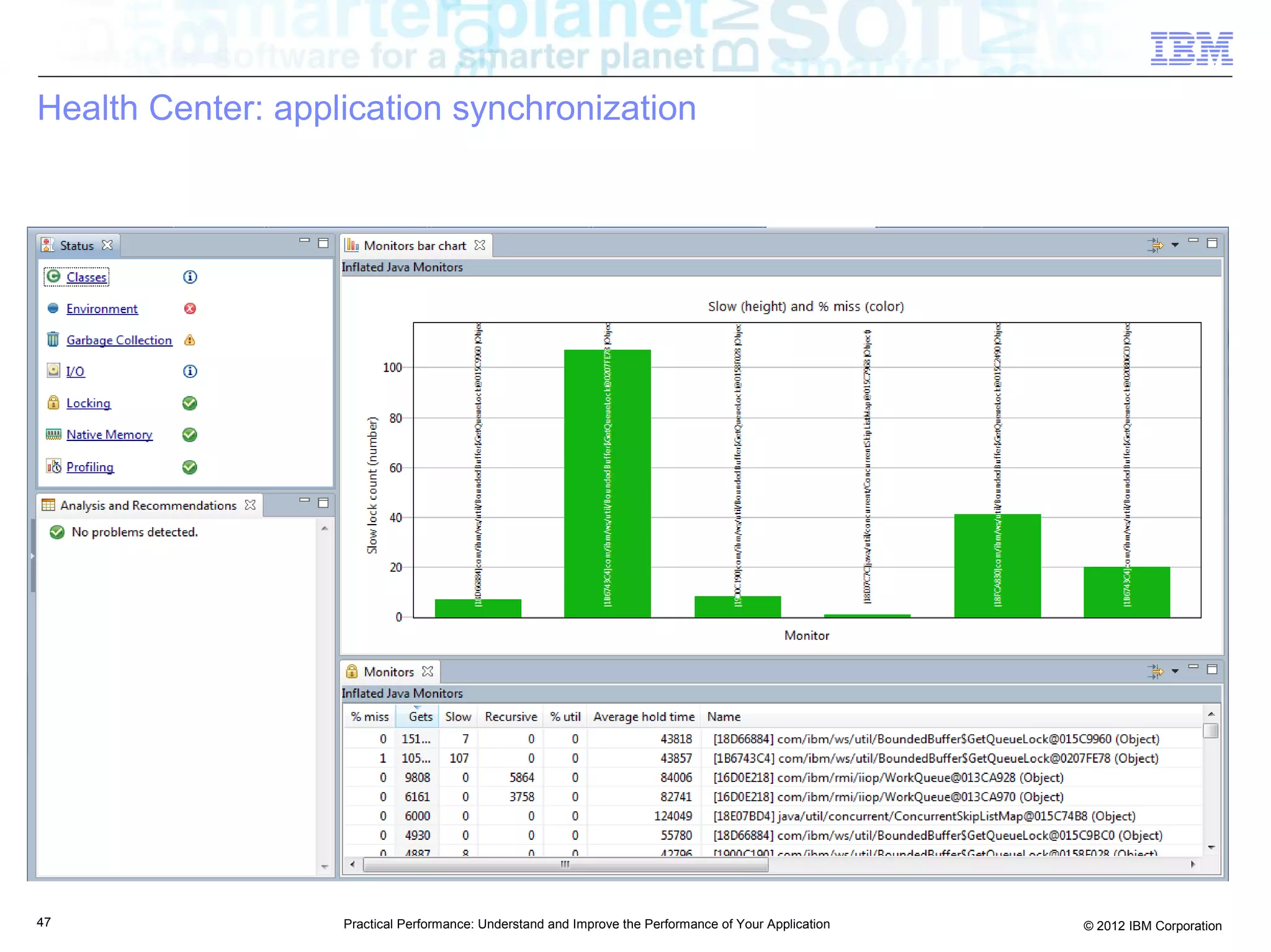Health Center: application synchronization




47                 Practical Performance: Understand and Improve the Performance of Your Application   © 2012 IBM Corporation
 