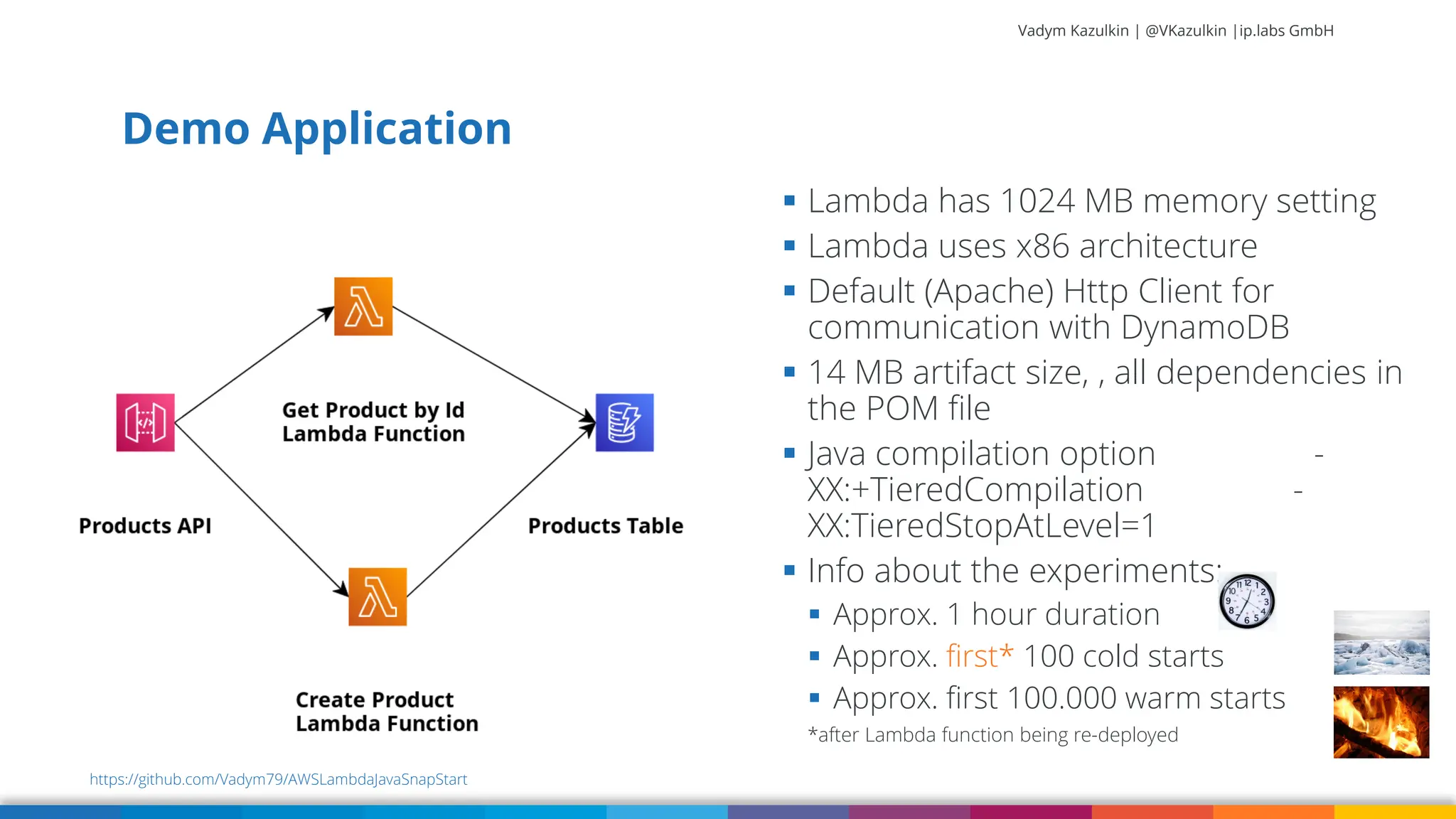 Vadym Kazulkin | @VKazulkin |ip.labs GmbH Demo Application https://github.com/Vadym79/AWSLambdaJavaSnapStart ▪ Lambda has 1024 MB memory setting ▪ Lambda uses x86 architecture ▪ Default (Apache) Http Client for communication with DynamoDB ▪ 14 MB artifact size, , all dependencies in the POM file ▪ Java compilation option - XX:+TieredCompilation - XX:TieredStopAtLevel=1 ▪ Info about the experiments: ▪ Approx. 1 hour duration ▪ Approx. first* 100 cold starts ▪ Approx. first 100.000 warm starts *after Lambda function being re-deployed 