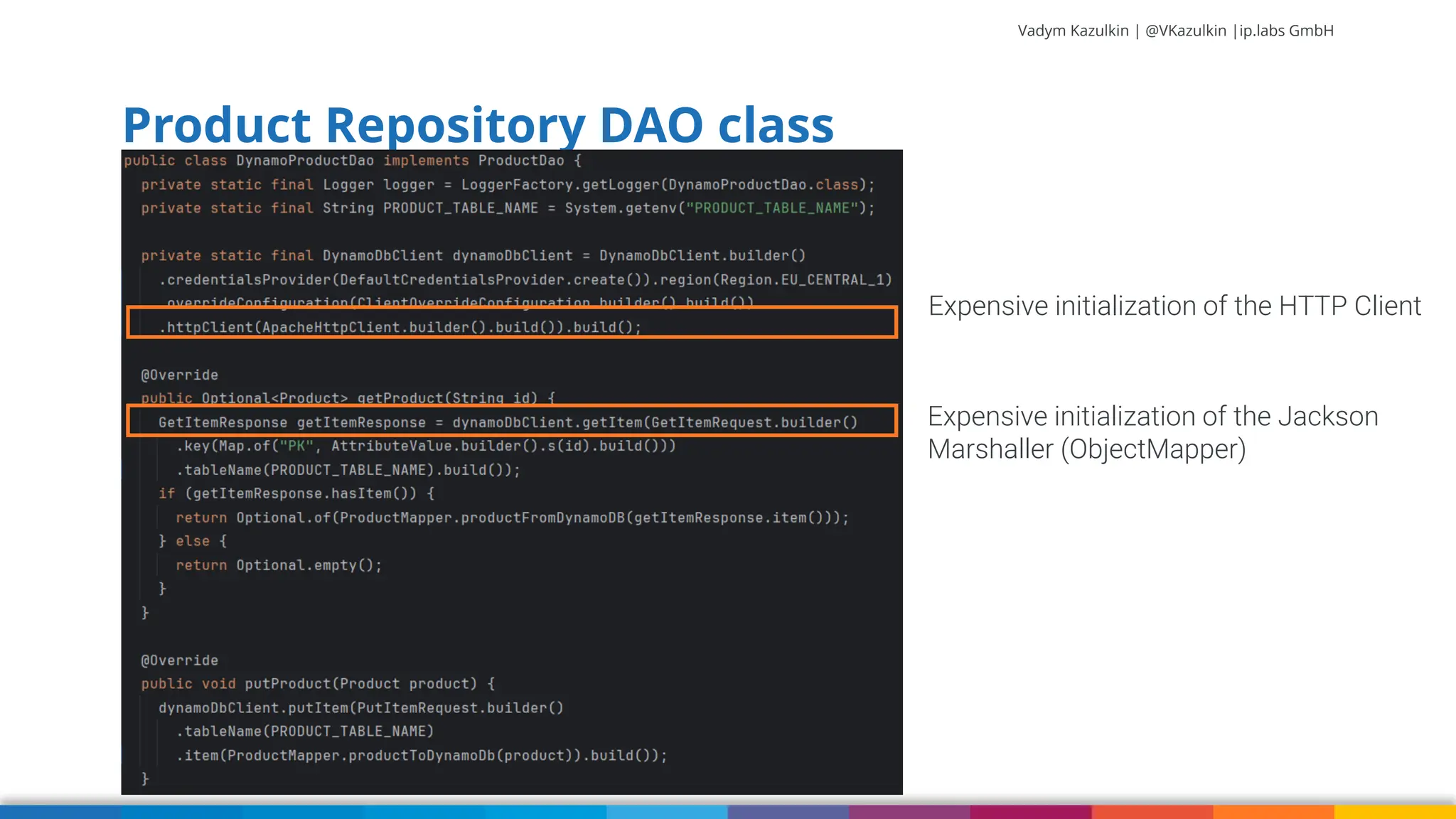 Vadym Kazulkin | @VKazulkin |ip.labs GmbH Product Repository DAO class Expensive initialization of the HTTP Client Expensive initialization of the Jackson Marshaller (ObjectMapper) 