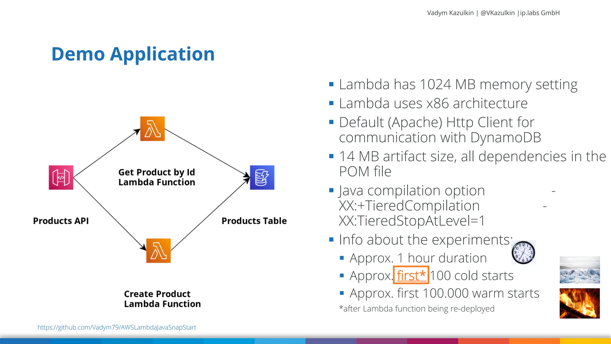 Vadym Kazulkin | @VKazulkin |ip.labs GmbH Demo Application 46 https://github.com/Vadym79/AWSLambdaJavaSnapStart ▪ Lambda has 1024 MB memory setting ▪ Lambda uses x86 architecture ▪ Default (Apache) Http Client for communication with DynamoDB ▪ 14 MB artifact size, all dependencies in the POM file ▪ Java compilation option - XX:+TieredCompilation - XX:TieredStopAtLevel=1 ▪ Info about the experiments: ▪ Approx. 1 hour duration ▪ Approx. first* 100 cold starts ▪ Approx. first 100.000 warm starts *after Lambda function being re-deployed 