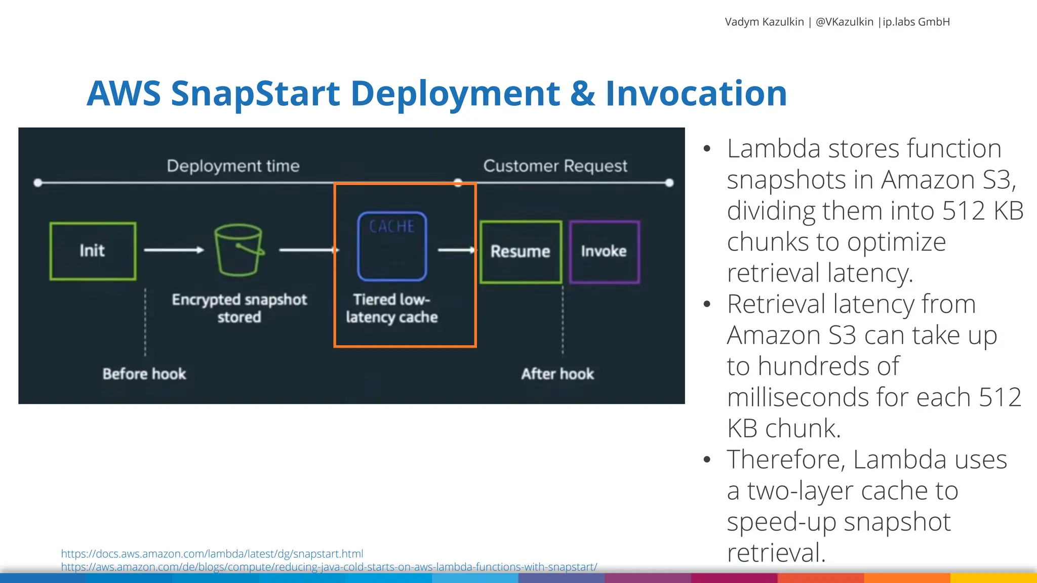 Vadym Kazulkin | @VKazulkin |ip.labs GmbH AWS SnapStart Deployment & Invocation https://docs.aws.amazon.com/lambda/latest/dg/snapstart.html https://aws.amazon.com/de/blogs/compute/reducing-java-cold-starts-on-aws-lambda-functions-with-snapstart/ • Lambda stores function snapshots in Amazon S3, dividing them into 512 KB chunks to optimize retrieval latency. • Retrieval latency from Amazon S3 can take up to hundreds of milliseconds for each 512 KB chunk. • Therefore, Lambda uses a two-layer cache to speed-up snapshot retrieval. 