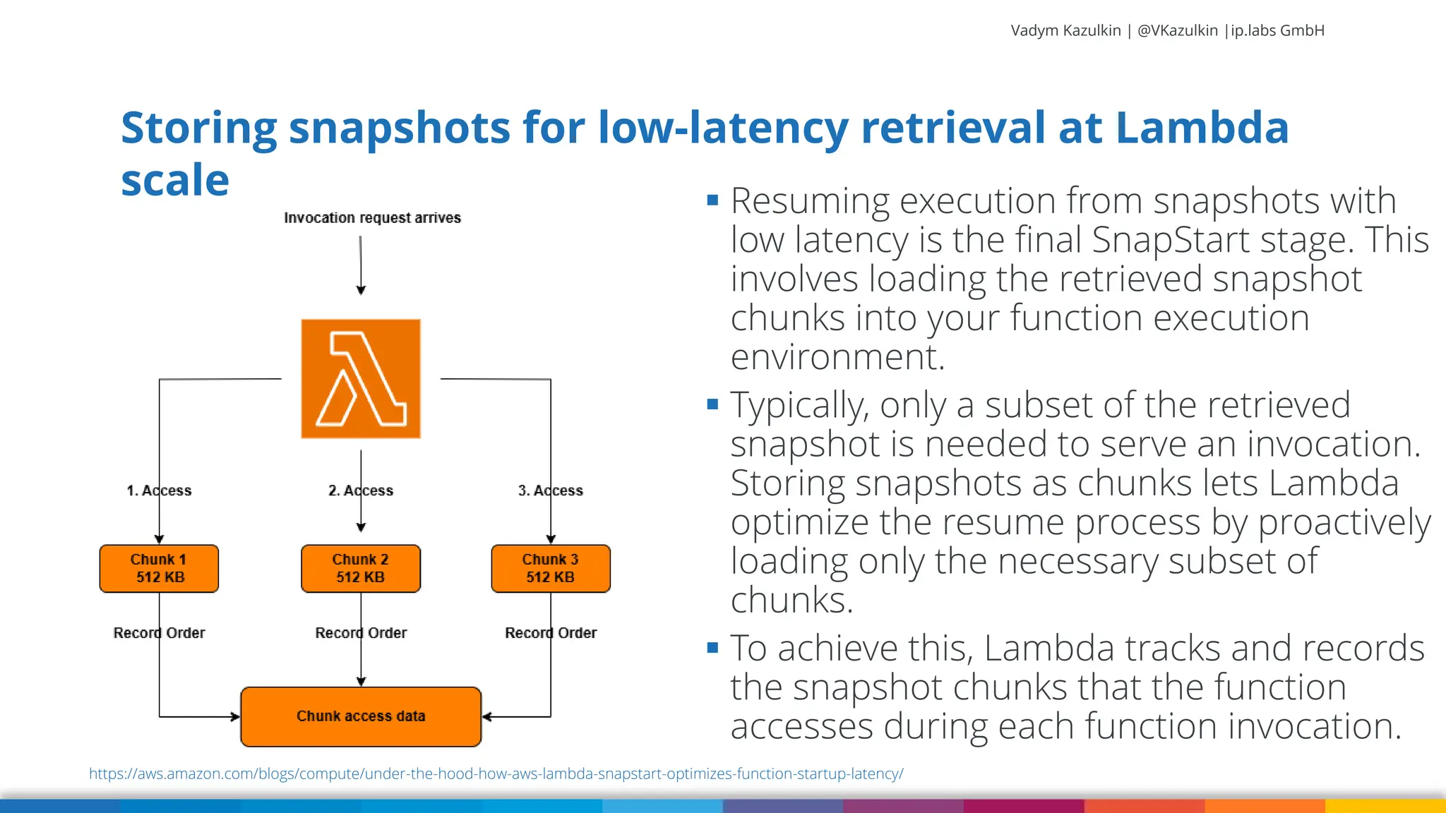 Vadym Kazulkin | @VKazulkin |ip.labs GmbH Storing snapshots for low-latency retrieval at Lambda scale 49 https://aws.amazon.com/blogs/compute/under-the-hood-how-aws-lambda-snapstart-optimizes-function-startup-latency/ ▪ Resuming execution from snapshots with low latency is the final SnapStart stage. This involves loading the retrieved snapshot chunks into your function execution environment. ▪ Typically, only a subset of the retrieved snapshot is needed to serve an invocation. Storing snapshots as chunks lets Lambda optimize the resume process by proactively loading only the necessary subset of chunks. ▪ To achieve this, Lambda tracks and records the snapshot chunks that the function accesses during each function invocation. 